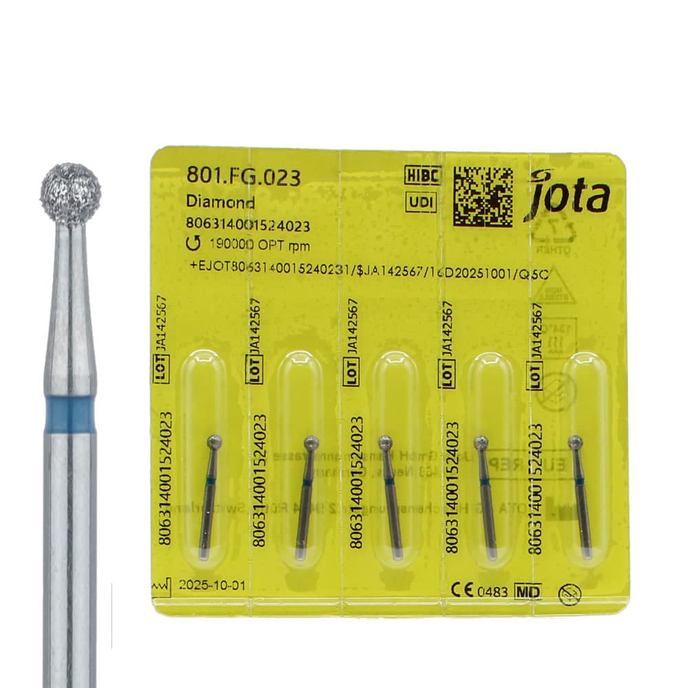Jota Dentistry FG #801.023 Medium Grit Round Diamond Burs, US #8, 2.3mm Head, Blue Ring, Multi-Use, 5/Pk - Jota Dentistry FG #801.023 Medium Grit Round Diamond Burs, 5/Pk - Image 1