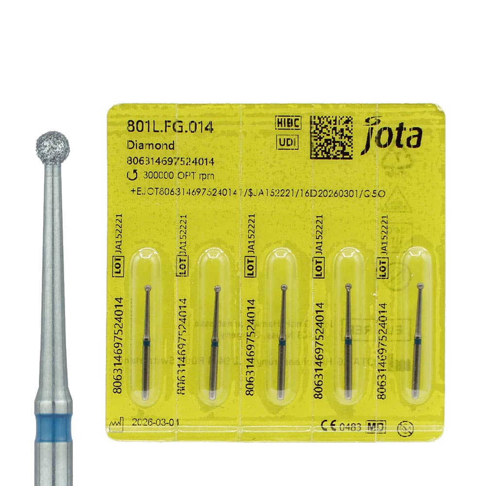 Jota Dentistry FG #801L.014 Medium Grit Round Diamond Burs, 1.4mm Head, Blue Ring, 5/Pk - Jota Dentistry FG #801L.014 Medium Grit Round Diamond Burs, 5/Pk - Image 1