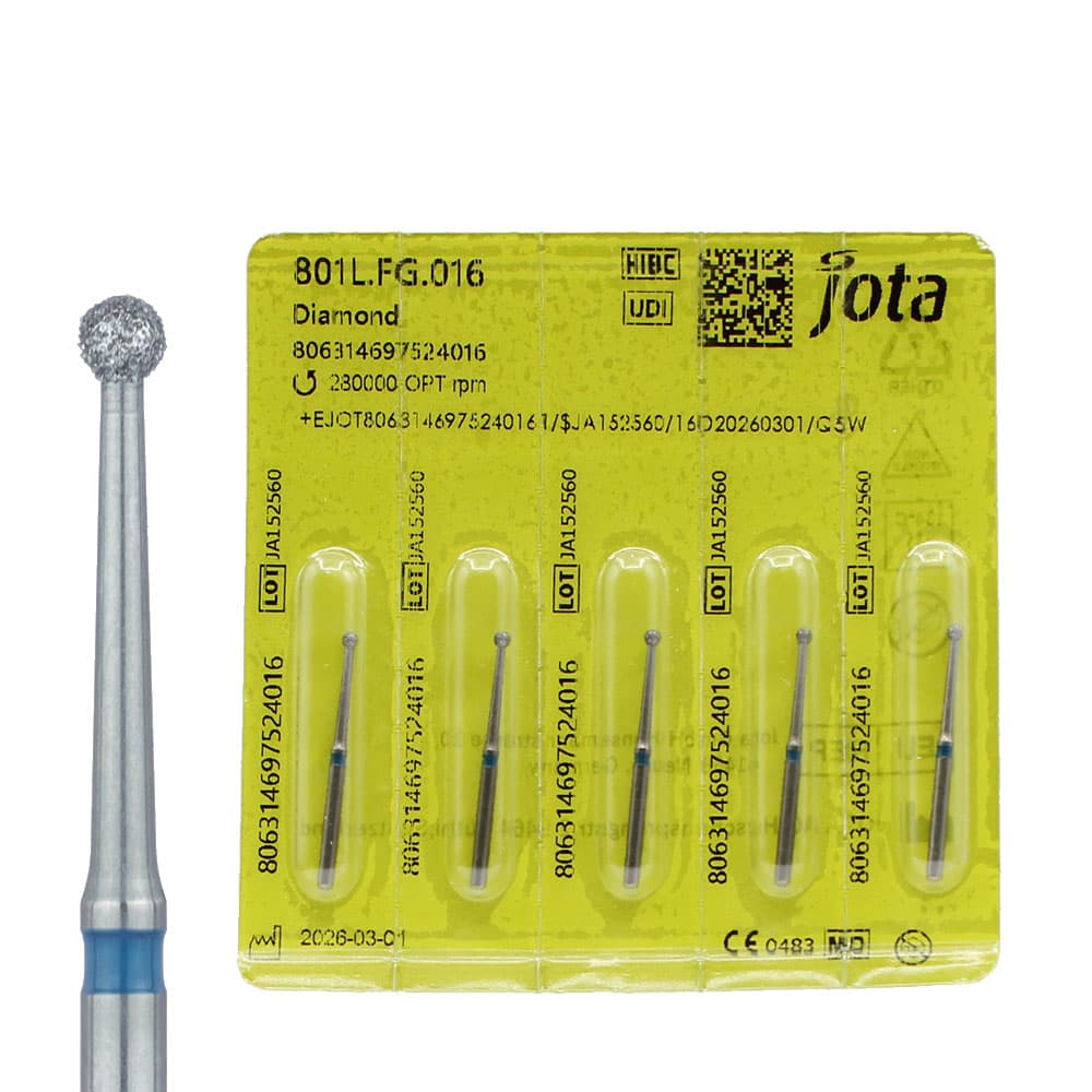 Jota Dentistry FG #801L.016 Medium Grit Round Diamond Burs, 1.6mm Head, Blue Ring, 5/Pk - Jota Dentistry FG #801L.016 Medium Grit Round Diamond Burs, 5/Pk - Image 1