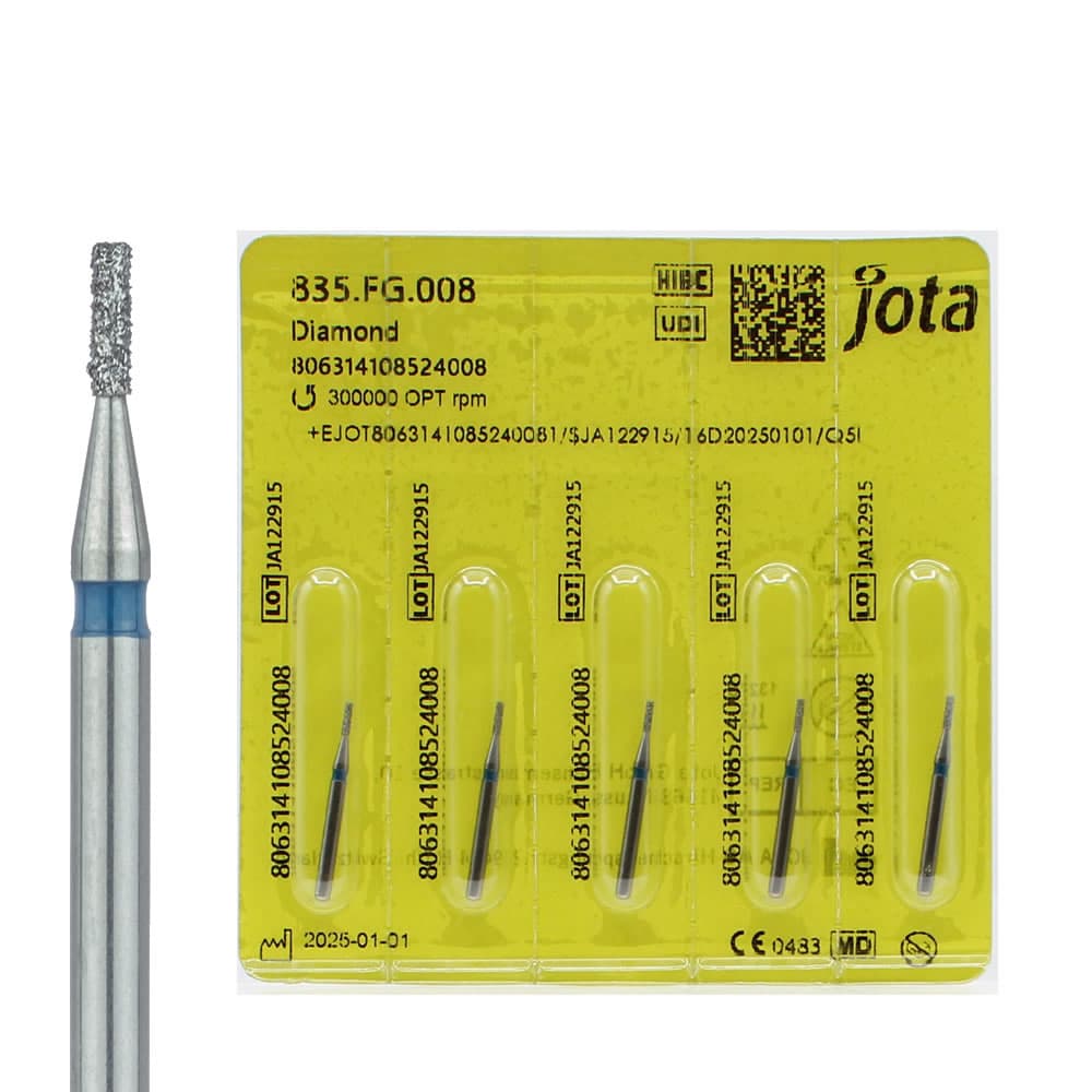 Jota FG #835.008 Medium Grit Flat End Cylinder Diamond Bur, 0.8mm Head, 3mm Working Length, Blue Ring, 5/Pk - Jota Dentistry FG #835.008 Medium Grit Flat End Cylinder Diamond Burs, 5/Pk - Image 1