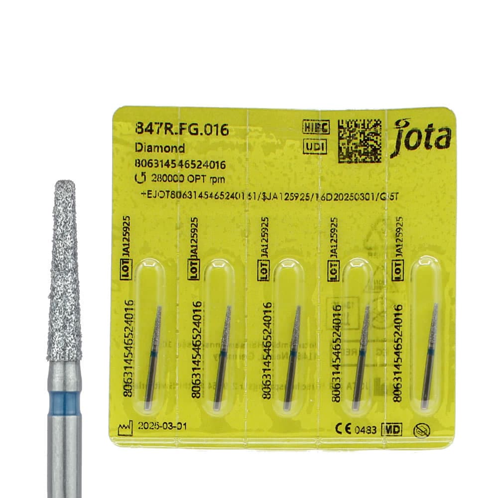Jota Dentistry FG #845R.016 Medium Grit Round Edge Taper Diamond Burs, 1.6mm Head, Blue Ring, 5/Pk - Jota Dentistry FG #845R.016 Medium Grit Round Edge Taper Diamond Burs, 5/Pk - Image 1