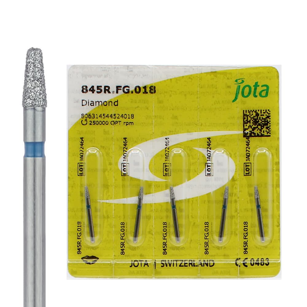 Jota Dentistry FG #845R.018 Medium Grit Round Edge Taper Diamond Burs, 1.8mm Head, Blue Ring, 5/Pk - Jota Dentistry FG #845R.018 Medium Grit Round Edge Taper Diamond Burs, 5/Pk - Image 1