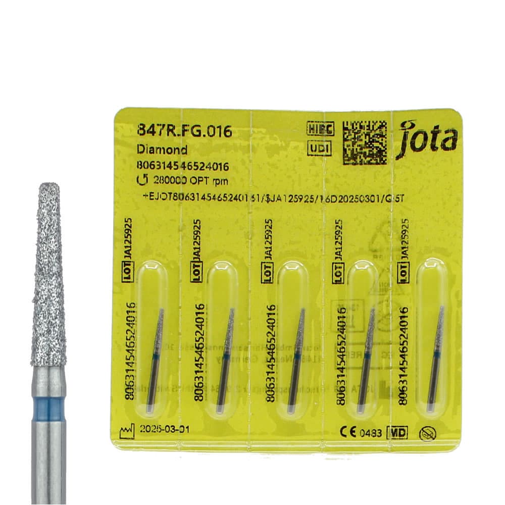Jota Dentistry FG #847R.016 Medium Grit Tapered Round Edge Diamond Burs, 1.6mm Head, 8mm Working Length, Blue Ring, 5/Pk - Jota Dentistry FG #847R.016 Medium Grit Tapered Round Edge Diamond Burs, 5/Pk - Image 1