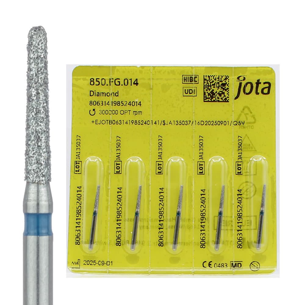 Jota Dentistry FG #850.014 Medium Grit Round End Taper Diamond Burs, 1.4mm Head, 8mm Working Length, Blue Ring, 5/Pk - Jota Dentistry FG #850.014 Medium Grit Round End Taper Diamond Burs, 5/Pk - Image 1