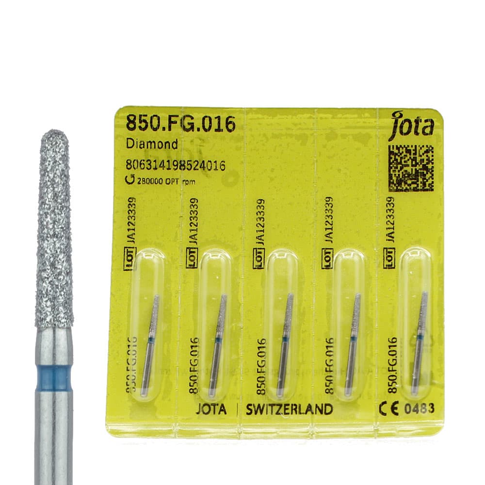 Jota Dentistry FG #850.016 Medium Grit Round End Taper Diamond Burs, 1.6mm Head, 8mm Working Length, Blue Ring, 5/Pk - Jota Dentistry FG #850.016 Medium Grit Round End Taper Diamond Burs, 5/Pk - Image 1