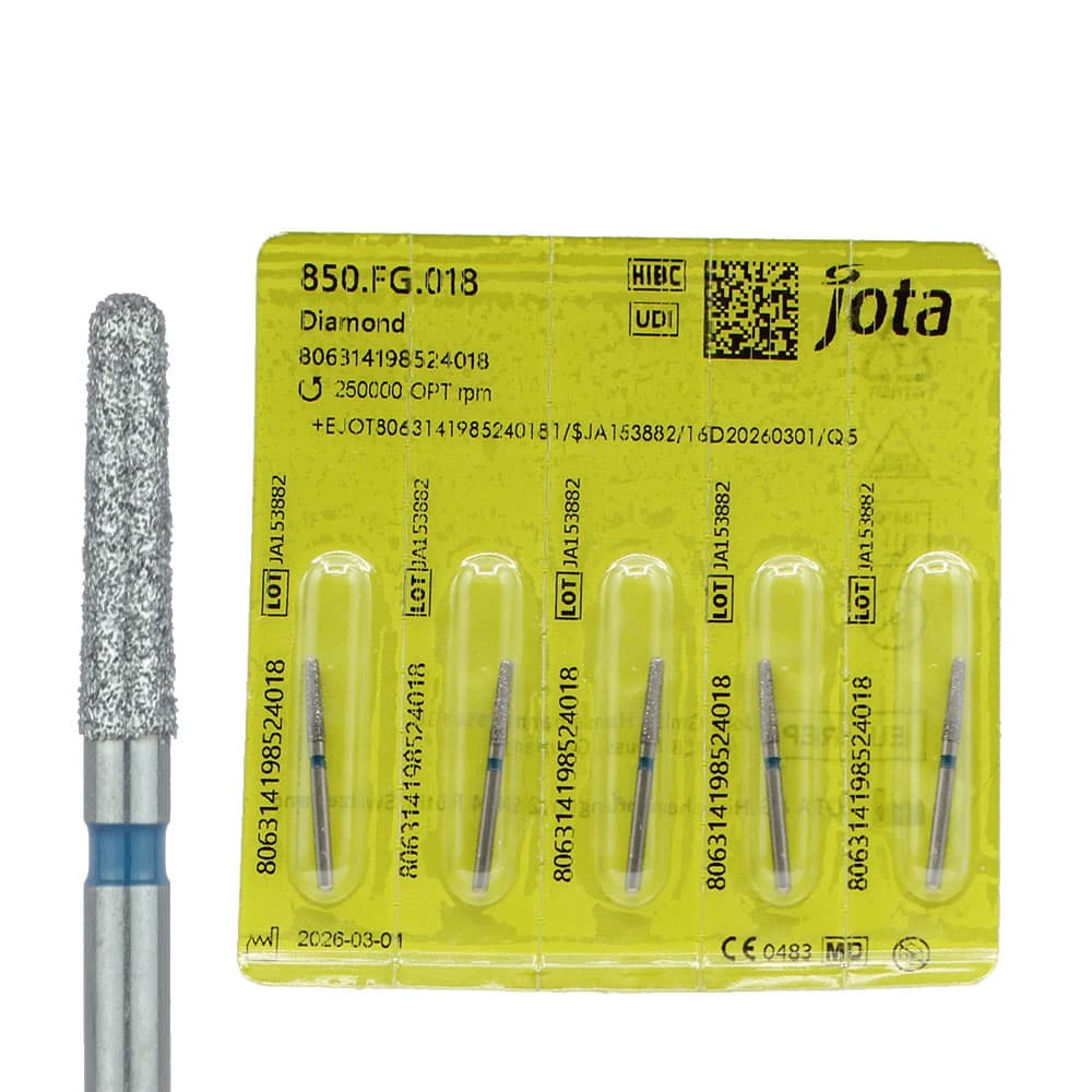 Jota Dentistry FG #850.018 Medium Grit Round End Taper Diamond Burs, 1.6mm Head, 8mm Working Length, Blue Ring, 5/Pk - Jota Dentistry FG #850.018 Medium Grit Round End Taper Diamond Burs, 5/Pk - Image 1