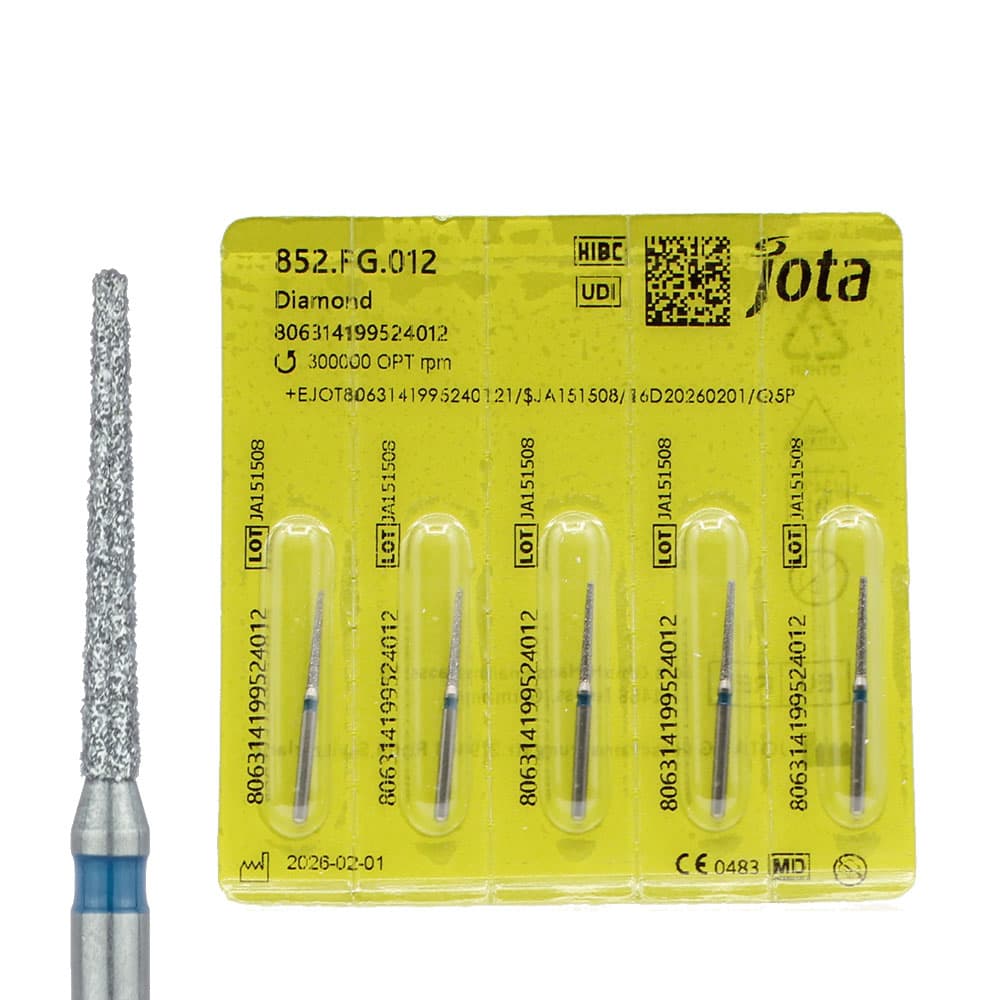Jota Dentistry FG #852.012 Medium Grit Round End Taper Diamond Burs, 1.2mm Head, 10mm Working Length, Blue Ring, 5/Pk - Jota Dentistry FG #852.012 Medium Grit Round End Taper Diamond Burs, 5/Pk - Image 1