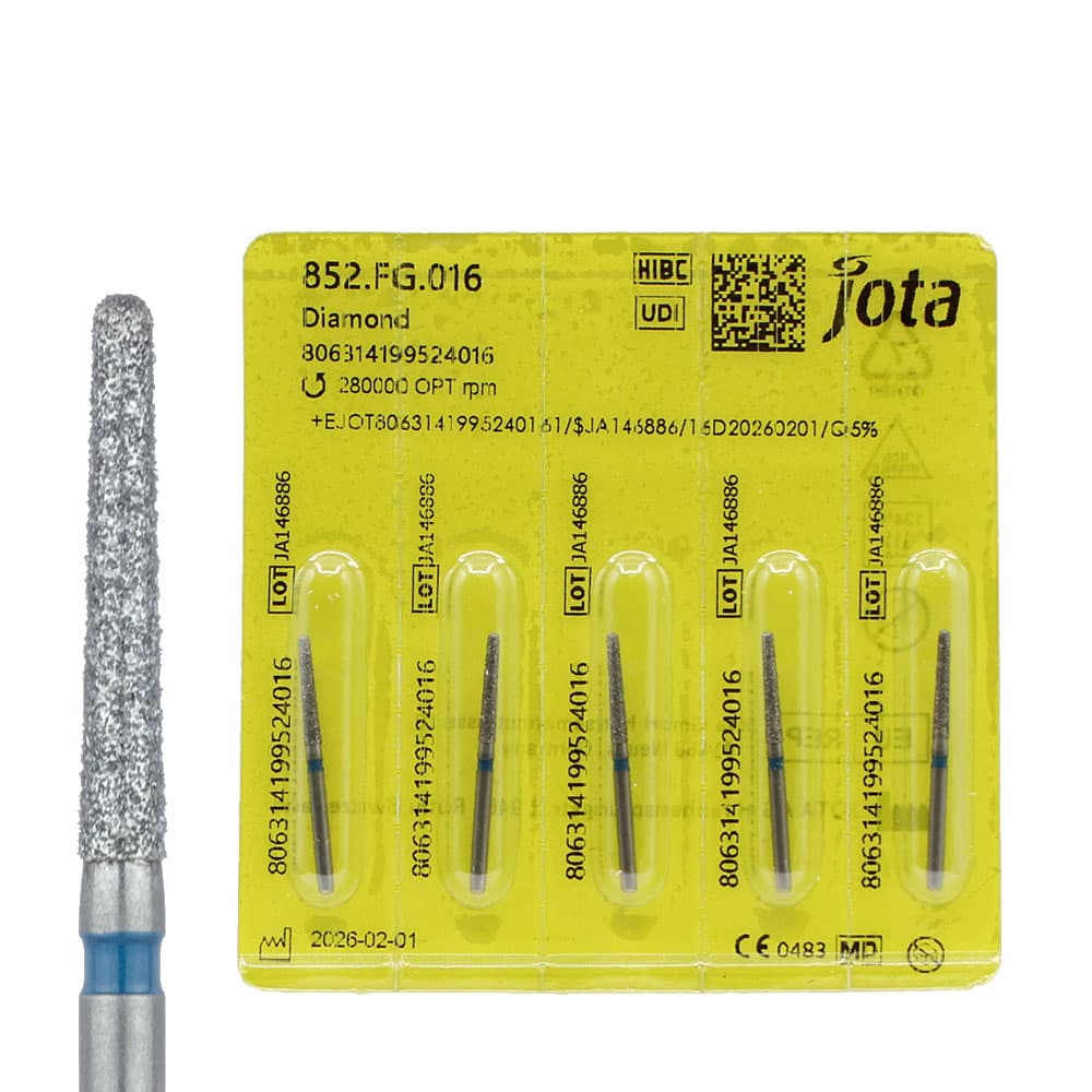 Jota Dentistry FG #852.016 Medium Grit Round End Taper Diamond Burs, 1.2mm Head, 10mm Working Length, Blue Ring, 5/Pk - Jota Dentistry FG #852.016 Medium Grit Round End Taper Diamond Burs, 5/Pk - Image 1