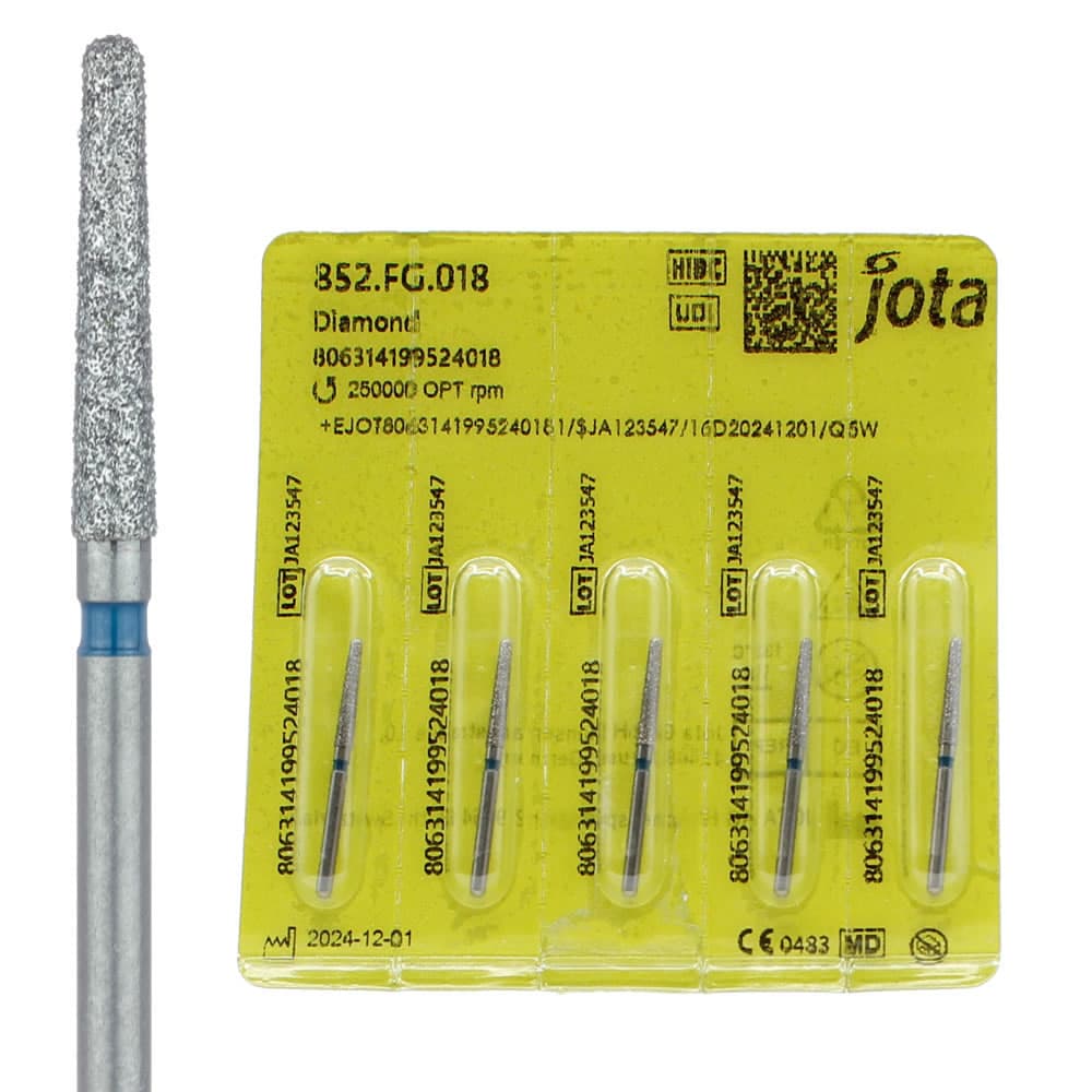 Jota Dentistry FG #852.018 Medium Grit Round End Taper Diamond Burs, 1.2mm Head, 10mm Working Length, Blue Ring, 5/Pk - Jota Dentistry FG #852.018 Medium Grit Round End Taper Diamond Burs, 5/Pk - Image 1