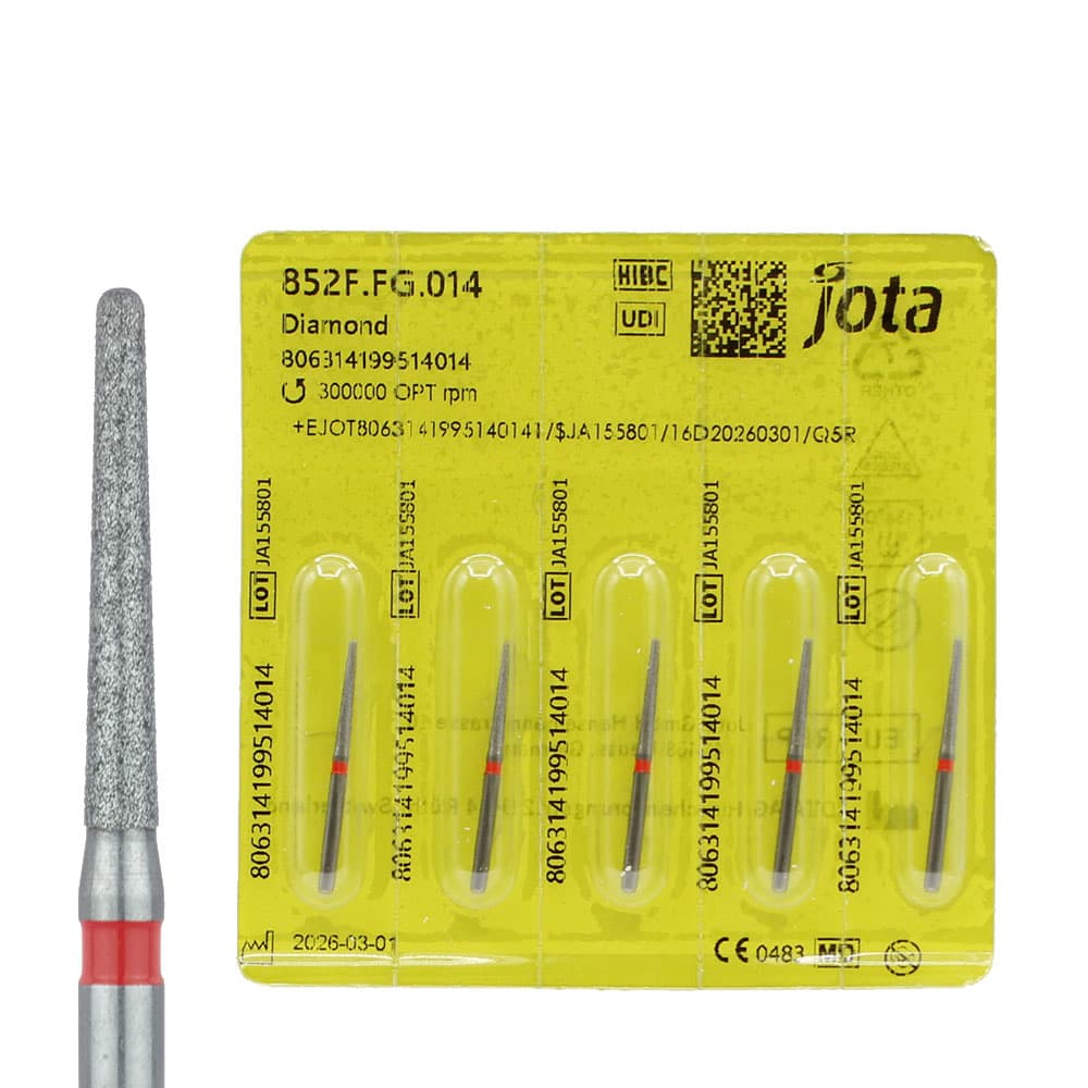 Jota Dentistry FG #852.014 Fine Grit Round End Taper Diamond Burs, 1.2mm Head, 10mm Working Length, Red Ring, 5/Pk - Jota Dentistry FG #852.014 Fine Grit Round End Taper Diamond Burs, 5/Pk - Image 1