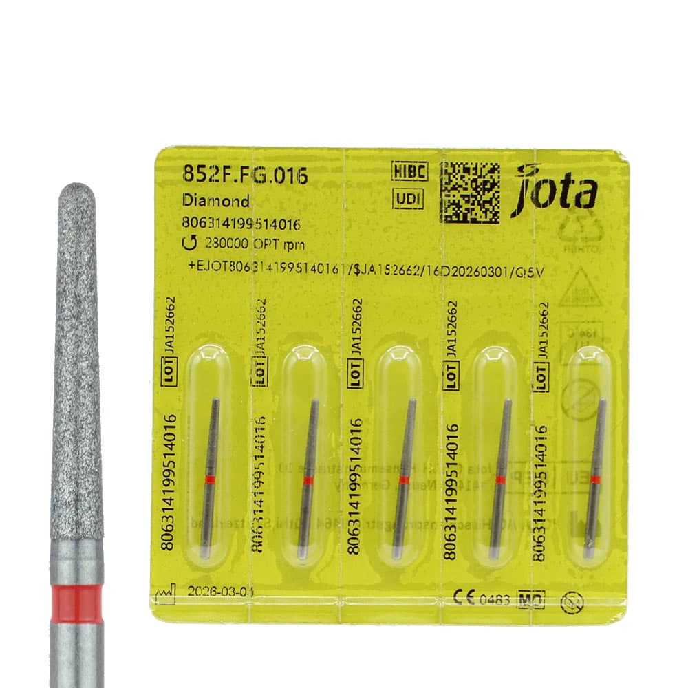 Jota Dentistry FG #852.016 Fine Grit Round End Taper Diamond Bur, 5/Pk, Red Ring - Jota Dentistry FG #852.016 Fine Grit Round End Taper Diamond Burs, 5/Pk - Image 1