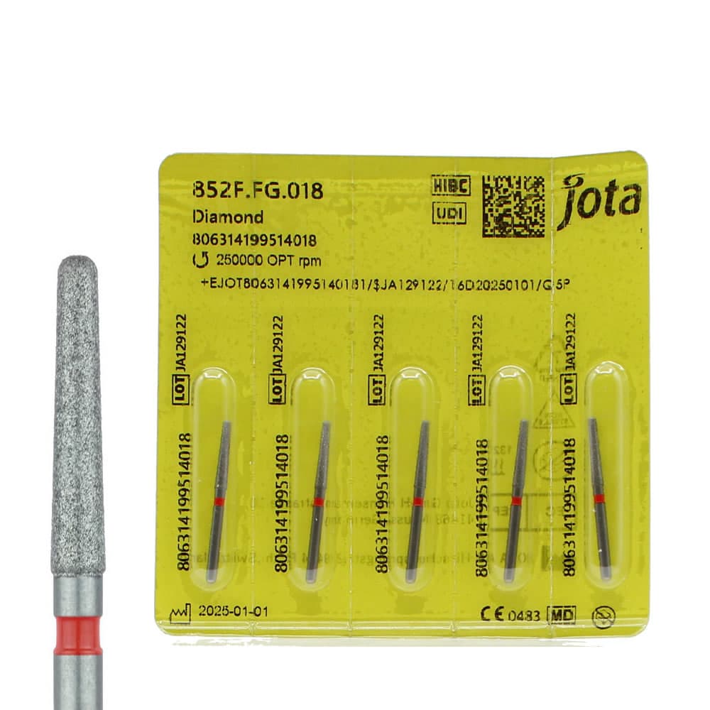 Jota Dentistry FG #852.018 Fine Grit Round End Taper Diamond Burs, 1.2mm Head, 10mm Working Length, Red Ring, Multi-Use, 5/Pk - Jota Dentistry FG #852.018 Fine Grit Round End Taper Diamond Burs, 5/Pk - Image 1
