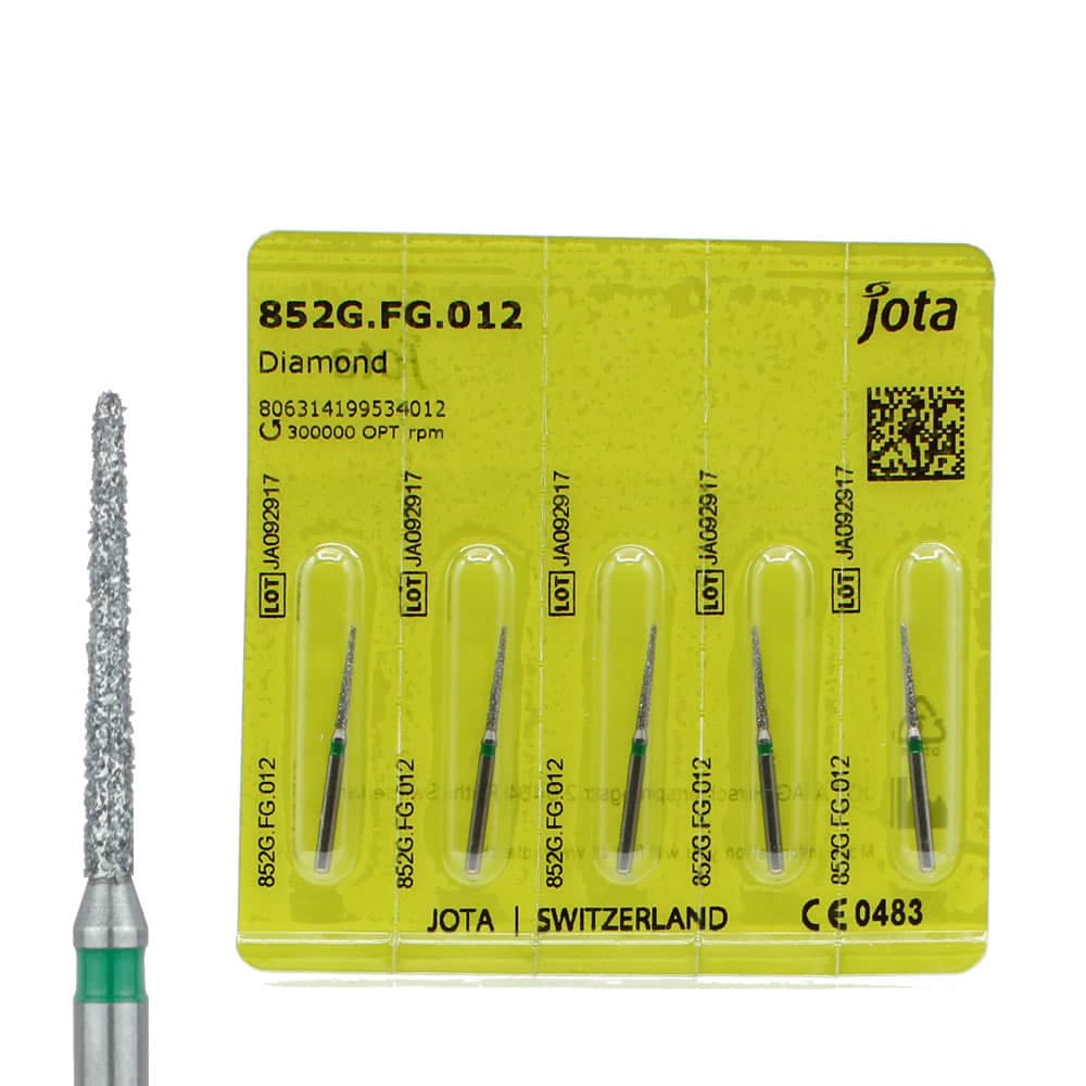 Jota Dentistry FG #852.012 Coarse Grit Round End Taper Diamond Burs, 1.2mm Head, 10mm Working Length, Green Ring, Multi-Use, 5/Pk - Jota Dentistry FG #852.012 Coarse Grit Round End Taper Diamond Burs, 5/Pk - Image 1