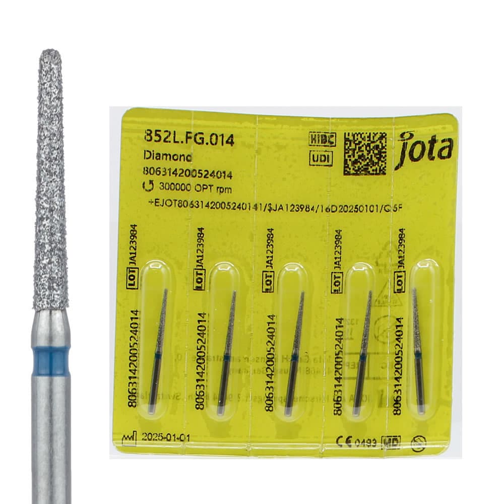 Jota Dentistry FG #852L.014 Medium Grit Round End Taper Diamond Burs, 1.4mm Head, 10mm Working Length, Blue Ring, 5/Pk - Jota Dentistry FG #852L.014 Medium Grit Round End Taper Diamond Burs, 5/Pk - Image 1