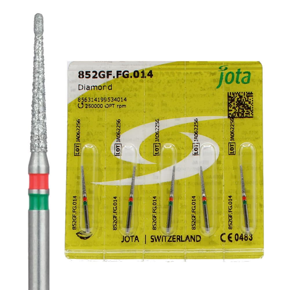 Jota Dentistry FG #852.014 Dual-Grit Round End Taper Diamond Burs, 1.4mm Head, 10mm Working Length, Green/Red Ring, 5/Pk - Jota Dentistry FG #852.014 Dual-Grit Round End Taper Diamond Burs, 5/Pk - Image 1