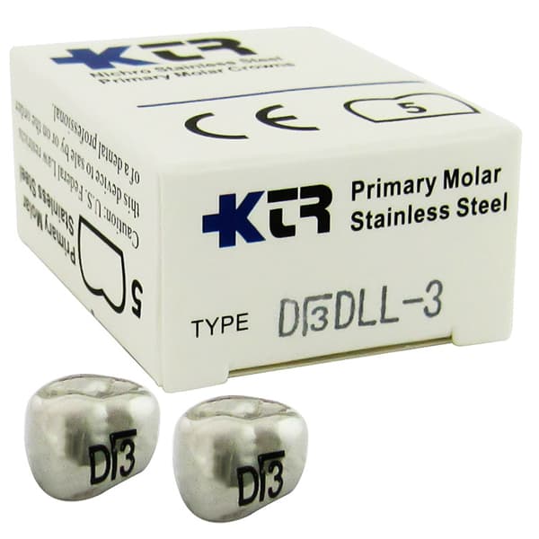 KTR Nichro Stainless Steel Primary Crown, Lower Left First Primary Molar, Size 3 (LL-D3), Box of 5 - KTR Lower Left Primary First Molar Size 3 Nichro stainless steel crowns, box - Image 1