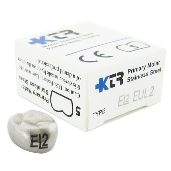 KTR Nichro Stainless Steel Primary Crown, Upper Left Second Molar, Size 2 (UL-E2), Box of 5 - KTR Upper Left Primary Second Molar Size 2 Nichro stainless steel crowns, box - Image 1
