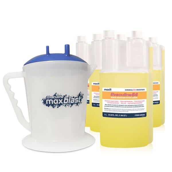 Maxill Evaculine 64 Dental Evacuation System Cleaner Kit, Concentrated 64X, 4 x 1L Bottles with 3L MaxBlast Pitcher - Evaculine 64 Dental Evacuation System Cleaner Kit - Image 1