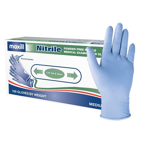 Maxill Nitrile Exam Gloves, Powder Free, 3.9 mil, Medium, Light Blue, 100/Box - maxill Medium, Powder Free, 3.9mil Nitrile Exam Gloves, 100/Bx - Image 1