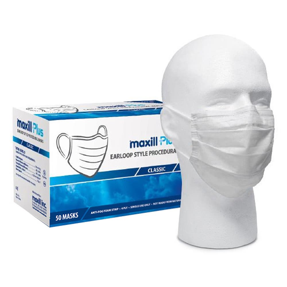 maxill Plus ASTM Level 3 4-Ply Earloop Face Masks, White, 50/Box - maxill Plus ASTM Level 3 4-Ply Earloop Face Masks, White, 50/Box - Image 1