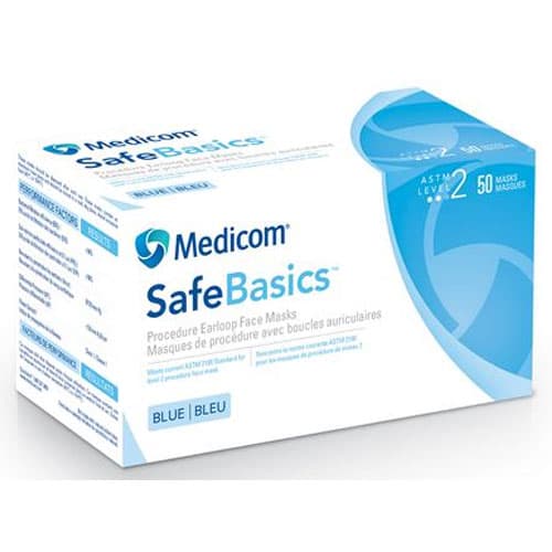 Medicom SafeBasics Procedure Earloop Face Mask, ASTM Level 2, Blue, 50/Box - SafeBasics Procedure Ear-Loop Face Mask - BLUE 50/Bx - Image 1