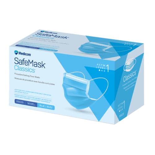 Medicom SafeMask Classics ASTM Level 1 Procedure Earloop Face Mask, BFE/PFE ≥ 95%, Blue, 500/Case (10 x 50/Bx) - SafeMask Classics ASTM Level 1 Procedure Earloop Face Mask, BFE/PFE ⥠95%, Blue, 500/Case, 10 x 50/Bx. - Image 1