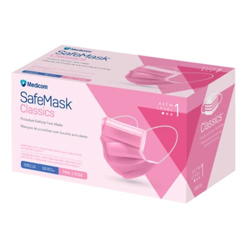 Medicom SafeMask Classics ASTM Level 1 Procedure Earloop Face Mask, BFE/PFE ≥ 95%, Pink, 500/Case (10 x 50/Bx) - SafeMask Classics ASTM Level 1 Procedure Earloop Face Mask, BFE/PFE ⥠95%, Pink, 500/Case, 10 x 50/Bx. - Image 1