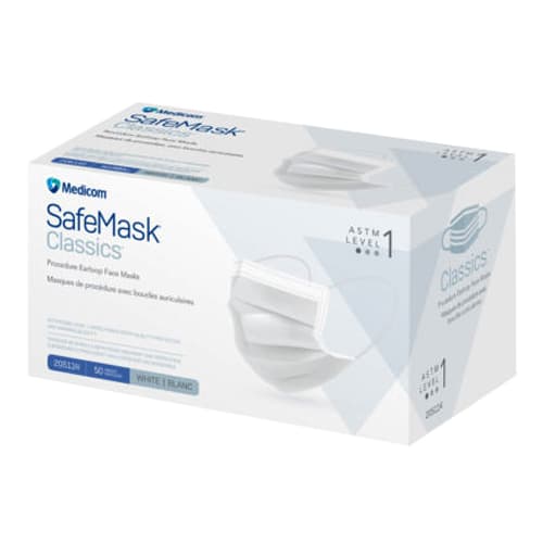 Medicom SafeMask Classics ASTM Level 1 Procedure Earloop Face Mask, BFE/PFE ≥ 95%, White, 500/Case (10 x 50/Bx) - SafeMask Classics ASTM Level 1 Procedure Earloop Face Mask, BFE/PFE ⥠95%, White, 500/Case, 10 x 50/Bx. - Image 1