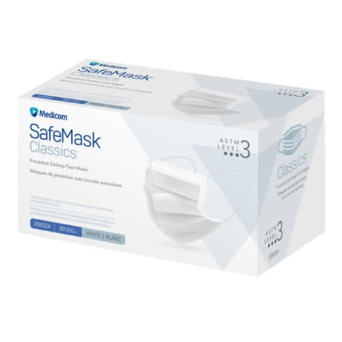 Medicom SafeMask Classics ASTM Level 3 Procedure Earloop Face Mask, BFE/PFE ≥ 98%, White, 500/Case (10 x 50/Bx) - SafeMask Classics ASTM Level 3 Procedure Earloop Face Mask, BFE/PFE ⥠98%, White, 500/Case, 10 x 50/Bx. - Image 1
