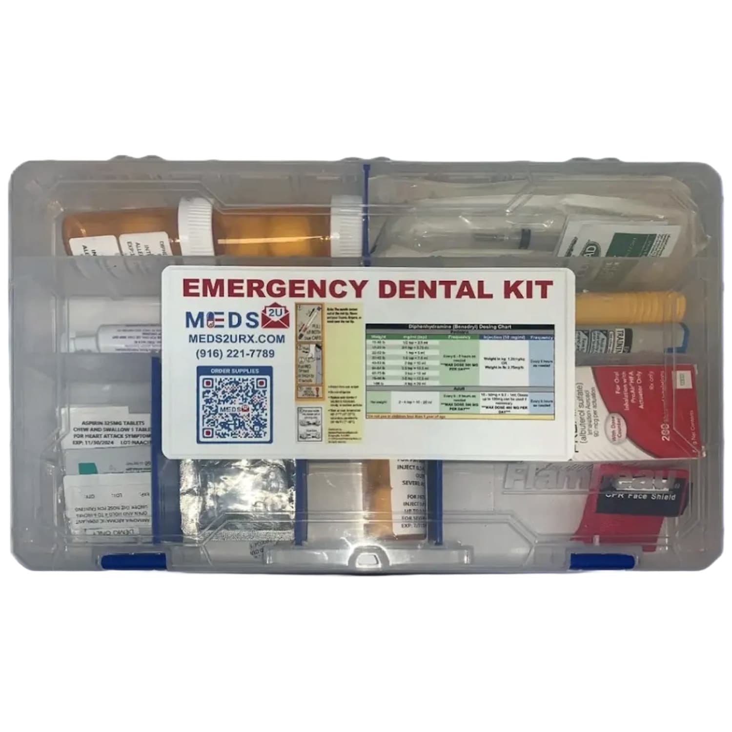 Meds 2u Advanced Emergency Dental Kit with Epinephrine Auto-Injectors, Diphenhydramine, Albuterol, Nitroglycerin, Aspirin, Glucose, CPR Shield, Syringes, and Ammonia Towelettes - Meds 2u Advanced Emergency Dental Kit. Includes: - Image 1