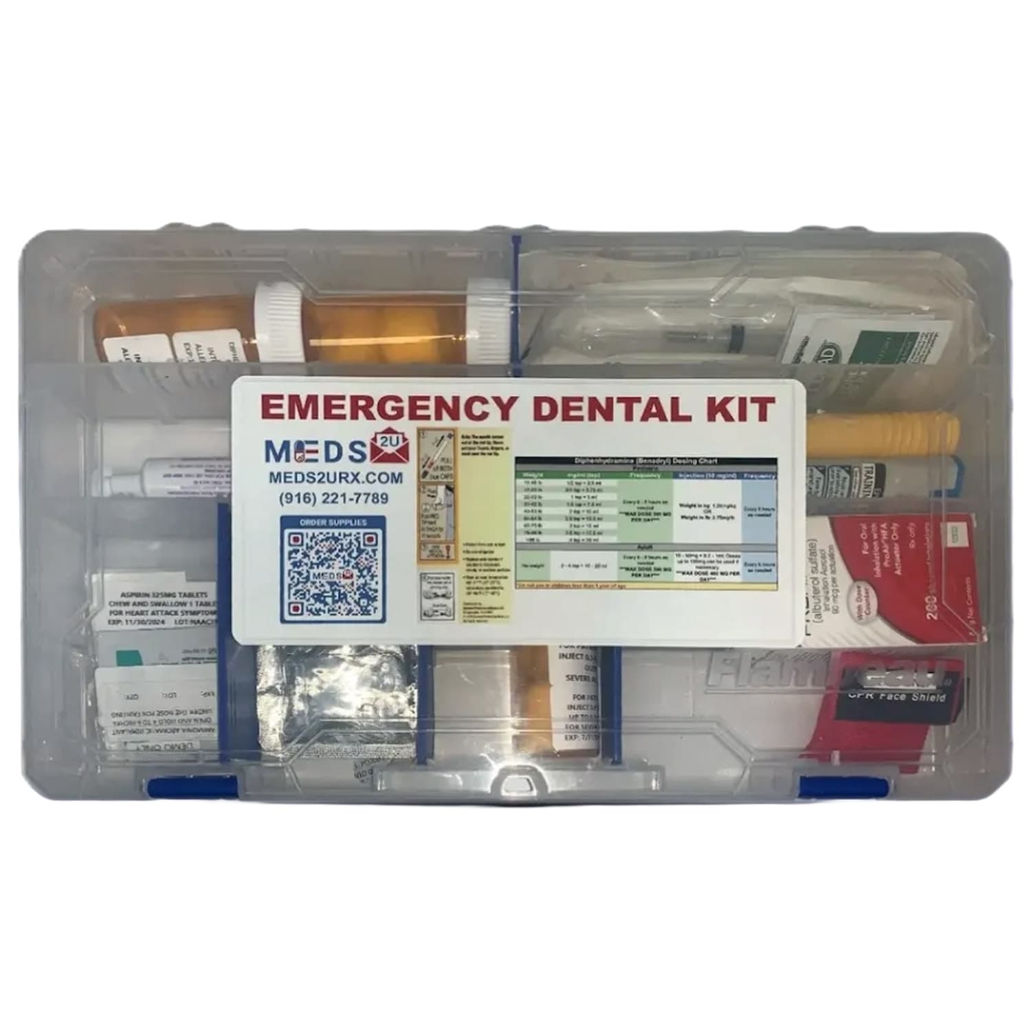 Meds 2u Basic Emergency Dental Kit with Epinephrine, Diphenhydramine, Glucose, Albuterol, Nitroglycerin, Aspirin, Syringes, and CPR Shield - Meds 2u Basic Emergency Dental Kit. Includes: - Image 1