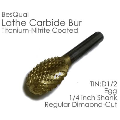 BesQual D-1/2 Egg Lathe Carbide Bur, 1/4" Shank, Titanium Nitride Coated, 1/Pk - BesQual D-1/2 Egg Lathe Carbide Bur 1/4" Shank, Titanium Nitrite Coated 1/Pk - Image 1