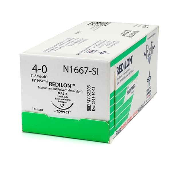 Reli 4/0 Black Nylon Sutures, 18" Length, PC-31 Precision Point Reverse-Cutting 19mm Needle (3/8 Circle), Box of 12 - Reli 4/0, 18" Black Nylon Sutures with PC-31 precision point reverse-cutting - Image 1