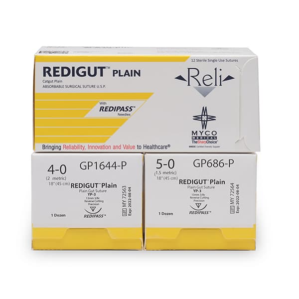 Reli Plain Gut Suture, 4/0, 18" with C-6 Reverse-Cutting 18mm Needle (3/8 Circle), Box of 12 - Reli 4/0, 18" Plain Gut Suture with C-6 Reverse-cutting 18mm Needle - Image 1