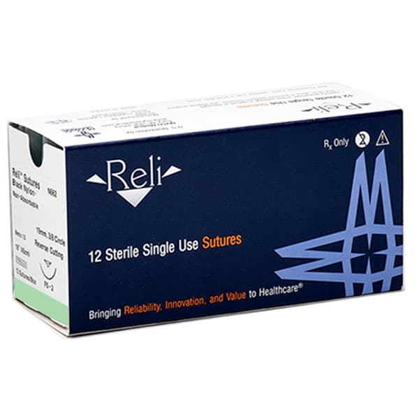 Reli 5/0 Black Nylon Sutures, 18" with C-6 Reverse-Cutting 19mm Needle (3/8 Circle), Box of 12 - Reli 5/0, 18" Black Nylon Sutures with C-6 reverse-cutting 19mm needle - Image 1