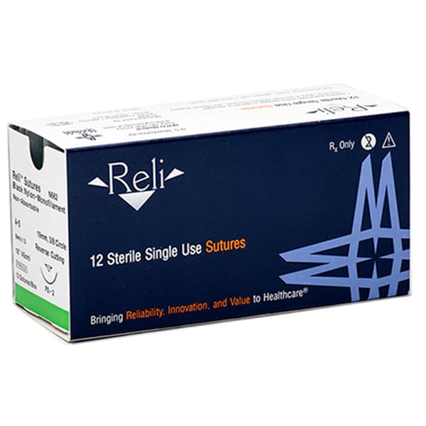 Reli 6/0 Black Nylon Suture with C-17 Reverse-Cutting 13mm Needle, 10" Length, Box of 12 - Reli 6/0, 10" Black Nylon Sutures with C-17 Reverse-cutting 13mm Needle - Image 1