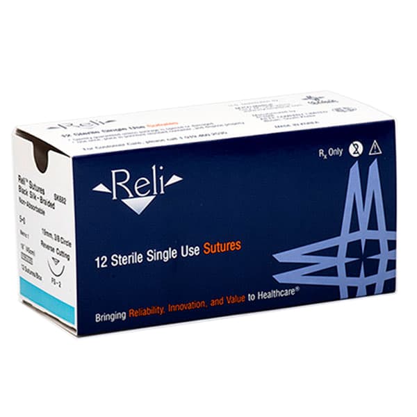Reli Silk Black Braided Suture, 4/0, 18", C-3 Precision Point Reverse-Cutting 13mm Needle (3/8 Circle), Box of 12 - Reli 4/0, 18" Silk Black Braided Suture with C-3 precision point - Image 1