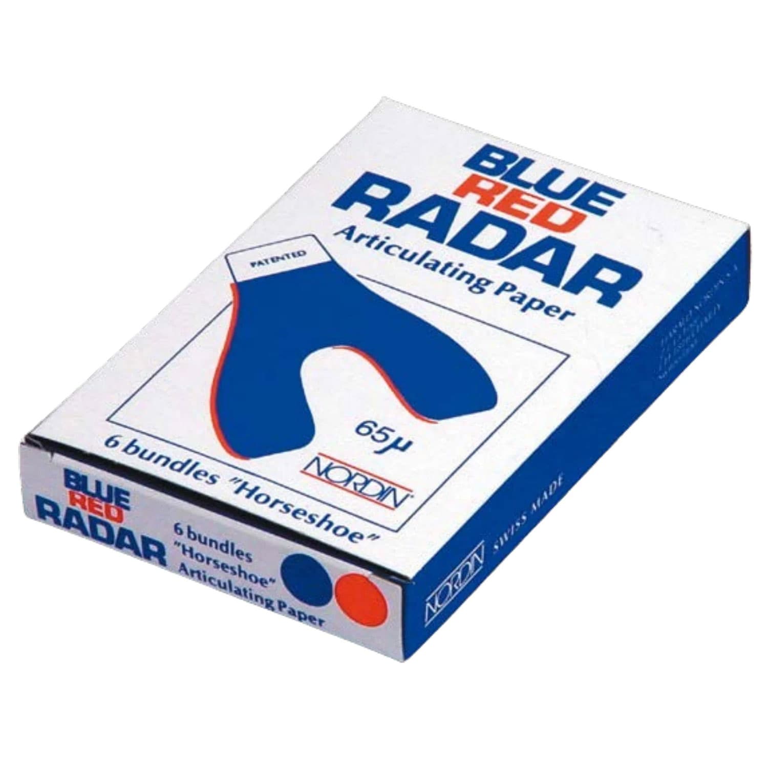 Nordin Radar Horseshoe Articulating Paper, Blue/Red, 65µ, 12 Sheets, 6/Pack, #07-004 - Articulating Paper Blue/Red Horseshoe - Image 1