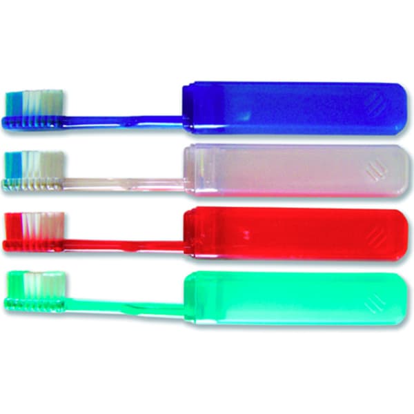 Oraline V-Trim Travel Toothbrush, Soft Bristles, 34 Tufts, Translucent Handle with Case, Assorted Colors, 144/Case - Travel, V-Trim toothbrush with 34 tufts, 144/cs. Translucent plastic handle - Image 1