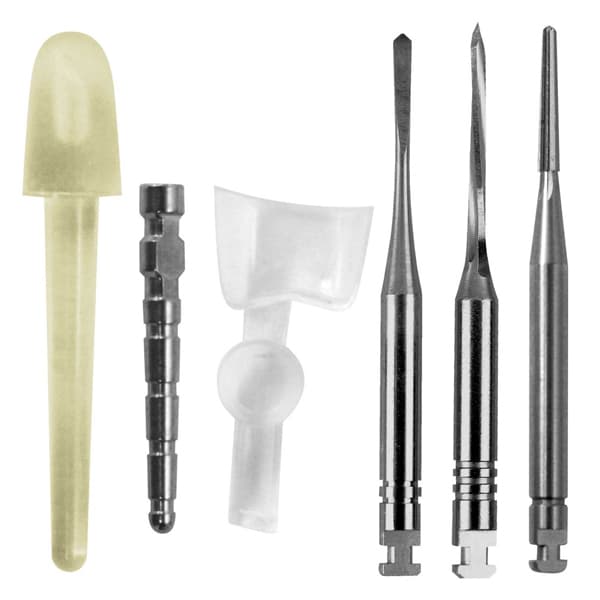 Parkell C.I. Kit #2 Medium Introductory Post Kit (10 Plastic Burn-Out Posts, 10 Stainless Steel Temporary Posts, 10 Plastic Core Patterns, 3 Drills) - C.I. Kit #2 Medium introductory kit, containing 10 MEDIUM yellow plastic - Image 1