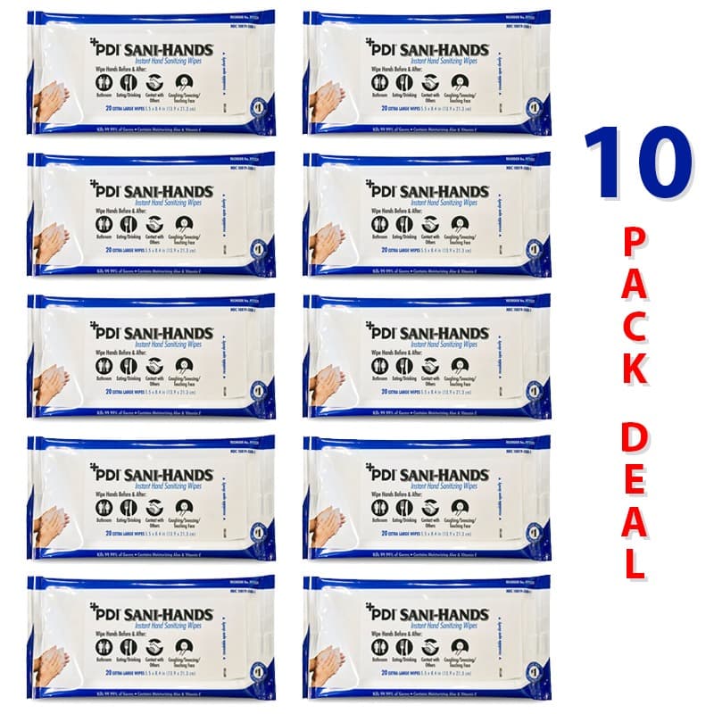 Sani-Hands Instant Hand Sanitizing Wipes, 70% Ethyl Alcohol, 8.4 x 5.5 in, 20/Pk - Sani-Hands Instant Hand Sanitizing Wipes 70% Ethyl Alcohol 8.4 x 5.5, 10x20/Pk - Image 1