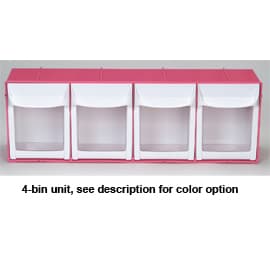 Quick Access Tilt Bin Storage System, 4 Bin, 23 5/8" W x 8" H x 6 1/2" D, Neon Blue Frame with White Bins - Quick Access Tilt Bin Storage System, 4 Bin, 23 5/8" W x 8" H x 6 1/2" D, Neon - Image 1