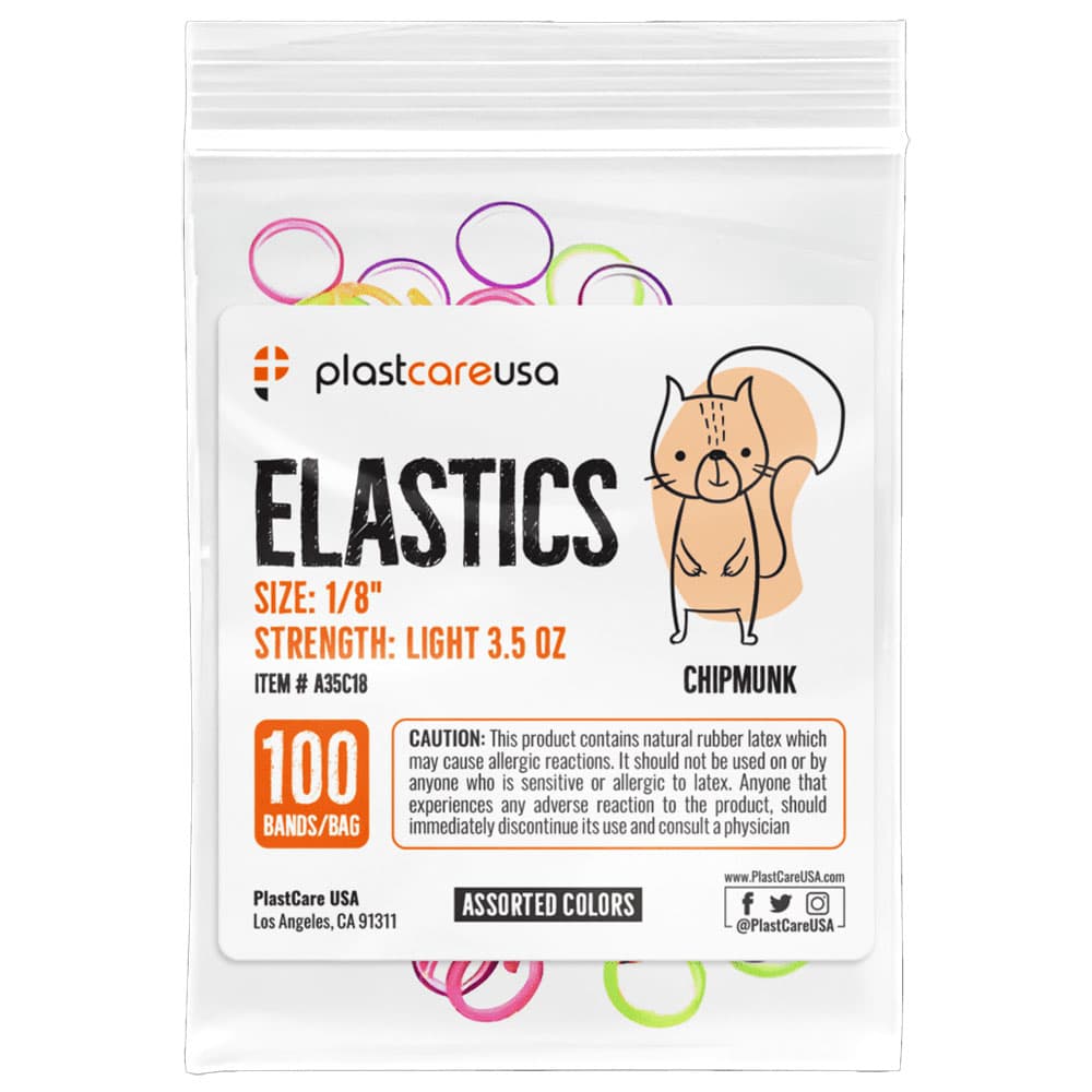 PlastCare USA Orthodontic Elastics, 1/8" Chipmunk, Light 3.5 oz, Assorted Colors, 100/Bag - PlastCare USA ELASTICS 1/8" Chipmunk, Light 3.5 oz Elastic Bands, Asst Colors, 100/Bag - Image 1