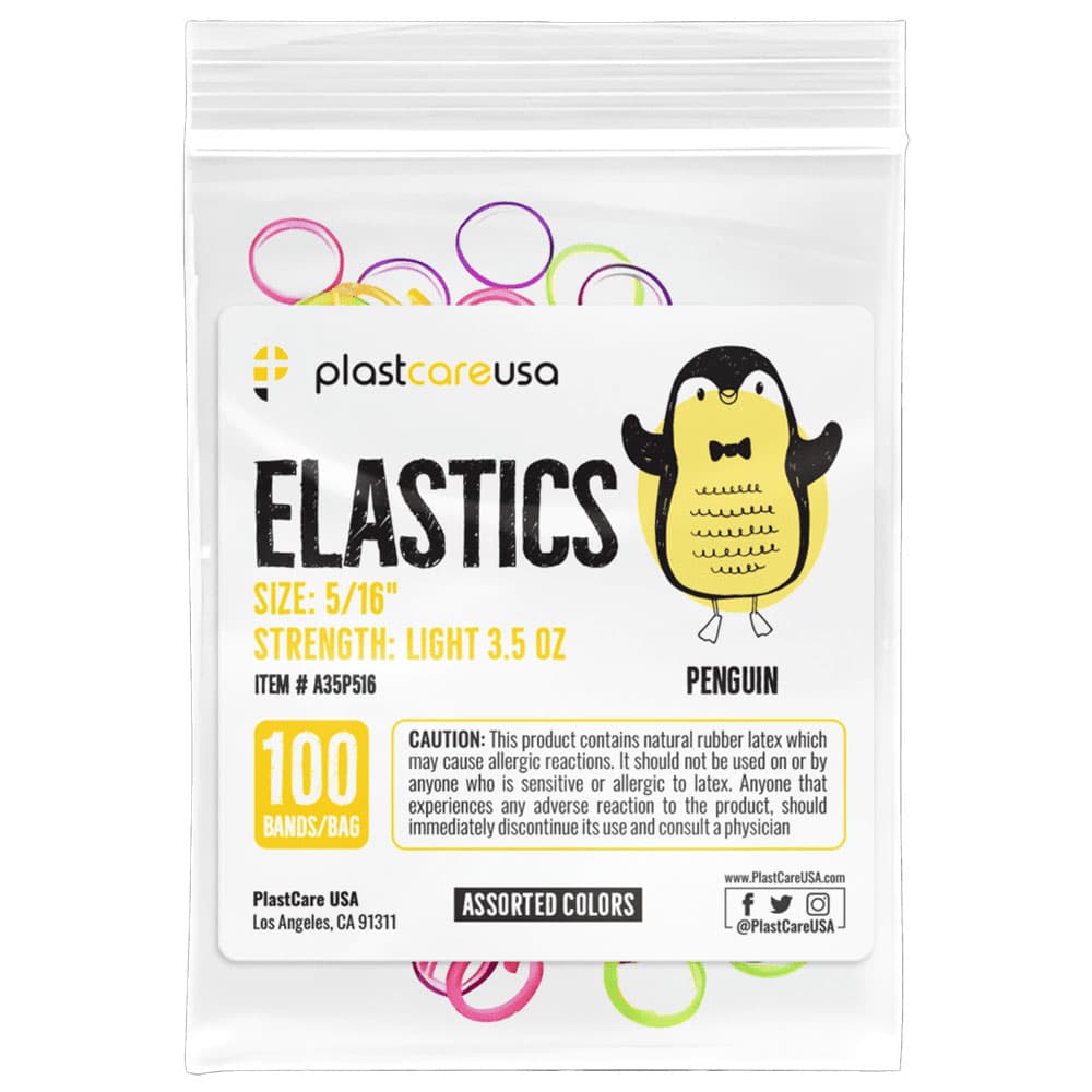 PlastCare USA Penguin Elastics 5/16" Light 3.5 oz Orthodontic Elastic Bands, Assorted Colors, 100/Bag - PlastCare USA ELASTICS 5/16" Penguin, Light 3.5 oz Elastic Bands, Asst Colors, 100/Bag - Image 1