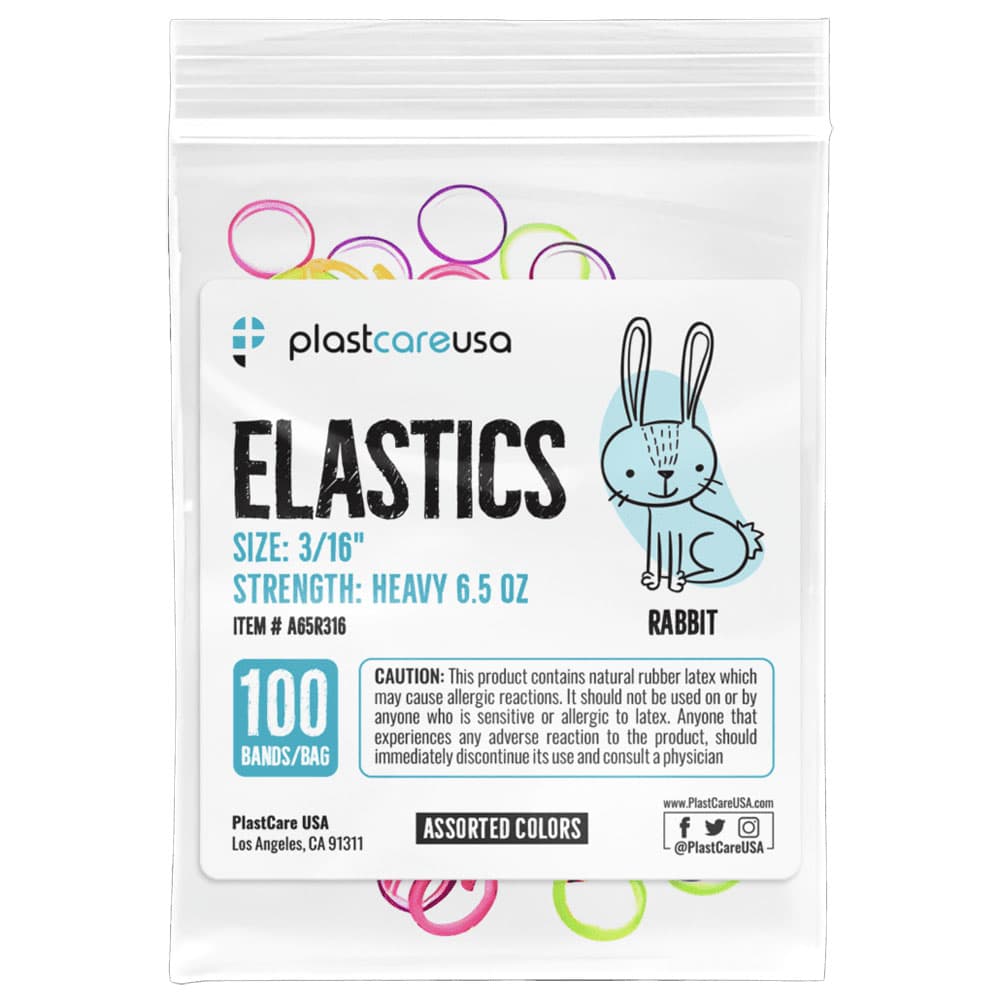 PlastCare USA Orthodontic Elastics, 3/16" Rabbit, Heavy 6.5 oz, Assorted Colors, 100/Bag - PlastCare USA ELASTICS 3/16" Rabbit, Heavy 6.5 oz Elastic Bands, Asst Colors, 100/Bag - Image 1