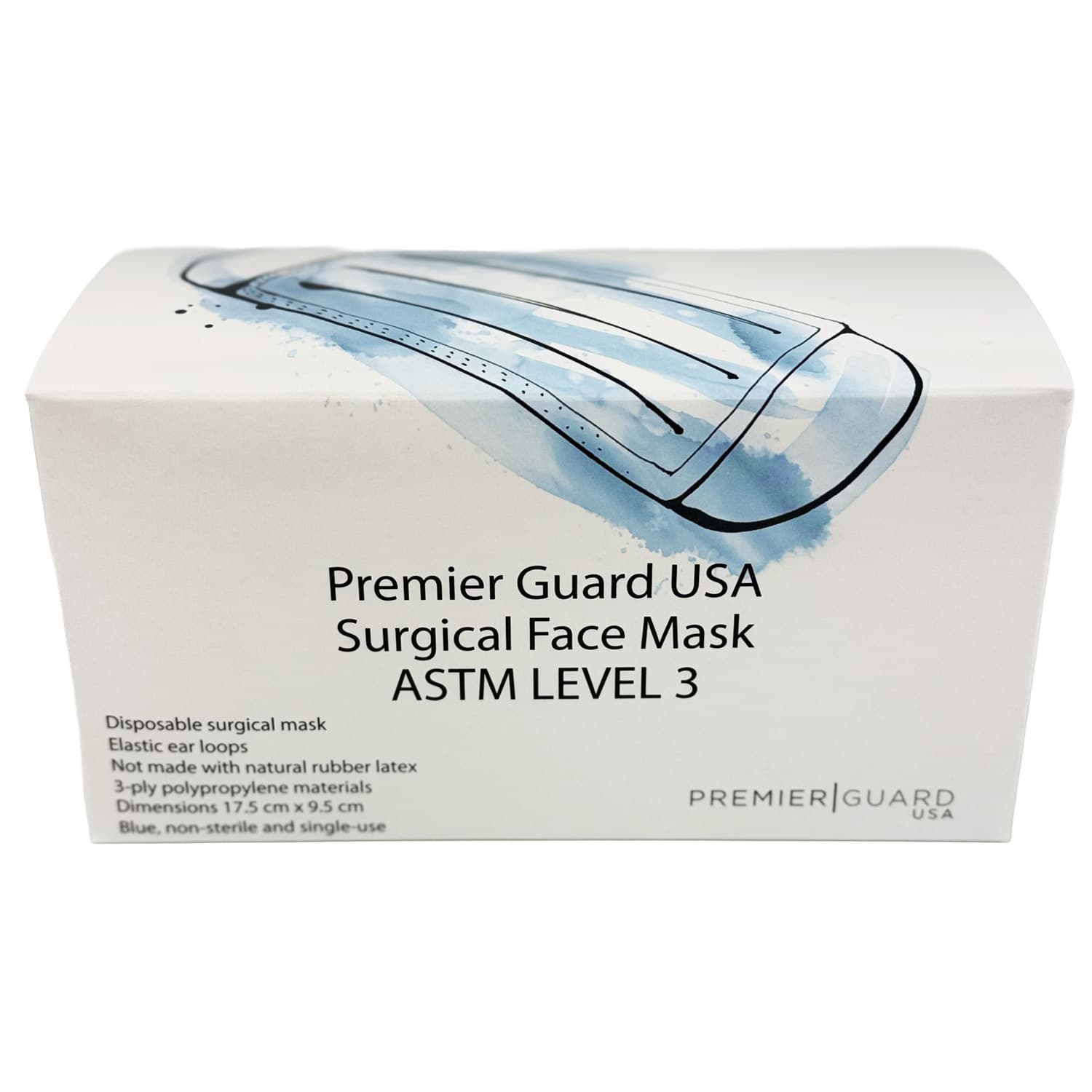 Premier Guard USA ASTM Level 3 Surgical Earloop Masks, Blue, 50/Box, Made in USA - Premier Guard USA ASTM Level 3 Surgical Earloop Masks, Blue, 50/Box. Made In USA. - Image 1