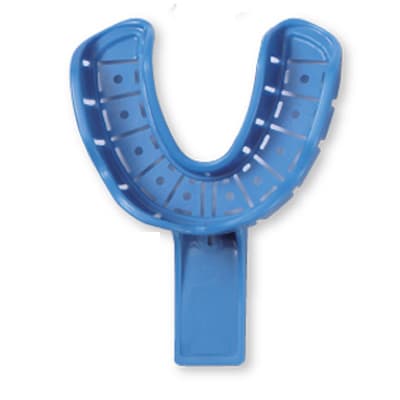 Premium Plus #4 Medium Lower Full-Arch Perforated Plastic Disposable Impression Trays with Rim Lock, Blue, 100/Box - Premium Plus #4 Medium Lower Full-Arch Perforated Plastic disposable impression - Image 1