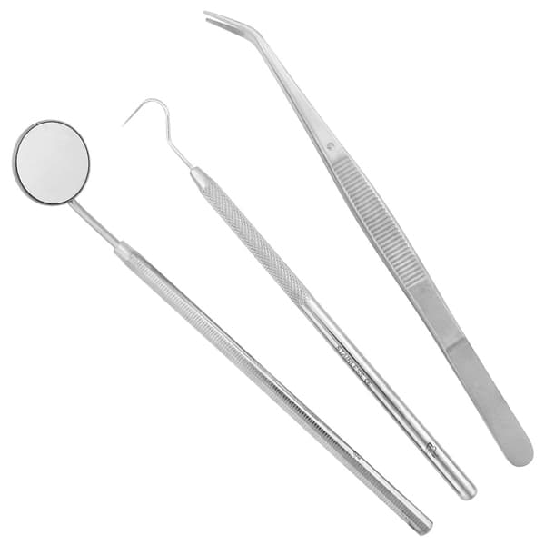 ProDent USA 3-Piece Stainless Steel Dental Examination Kit (College Cotton Pliers, #23 Explorer, #5 Cone Socket Mouth Mirror) - ProDent USA 3 Instrument, Stainless Steel, Dental Examination Kit. Includes: - Image 1