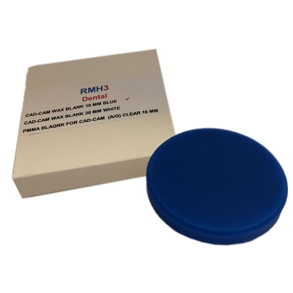 RMH3 Dental CAD/CAM Wax Blank, Blue, 16mm Thickness x 98mm Diameter - RMH3 Dental CAD/CAM Wax Blank, Blue. Thickness 16mm x Dia 98mm - Image 1