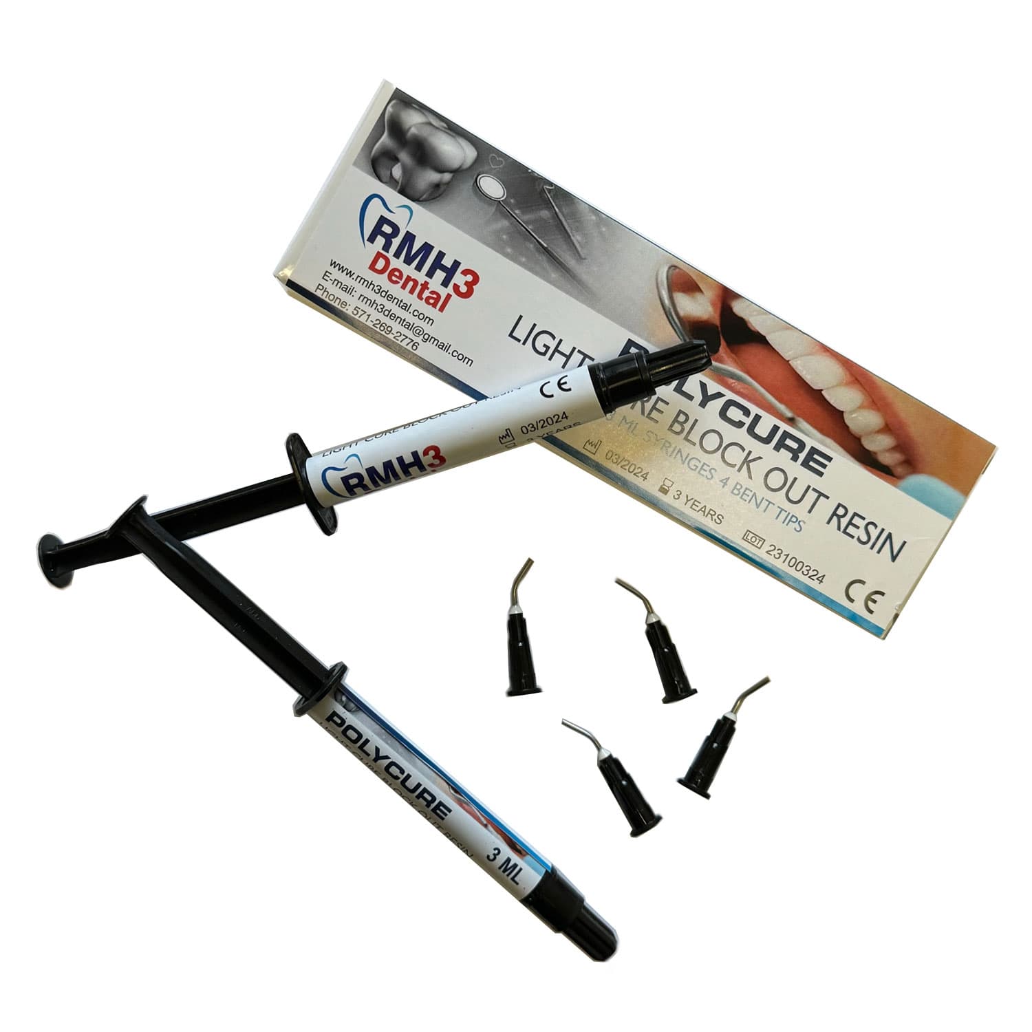 RMH3 Dental Polycure Light Cure Block Out Resin, 3 mL Syringe, 2/Pk, Blue, Includes 4 Bent Tips - RMH3 Dental Polycure Light Cure Block Out Resin, 3 mL Syringe, 2/Pk. Includes - Image 1